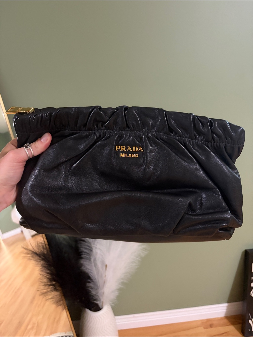 Prada Black Ruched Leather  Clutch with Gold Logo